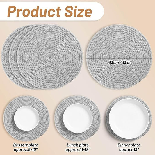Billbotk Round Woven Placemats Set of 4, 13 Inches Table Place Mats for Dining Table, Hot Pads for Kitchen, Trivets for Hot Dishes, Pots and Pans,Tabletop Accessories(LightGray) ﻿