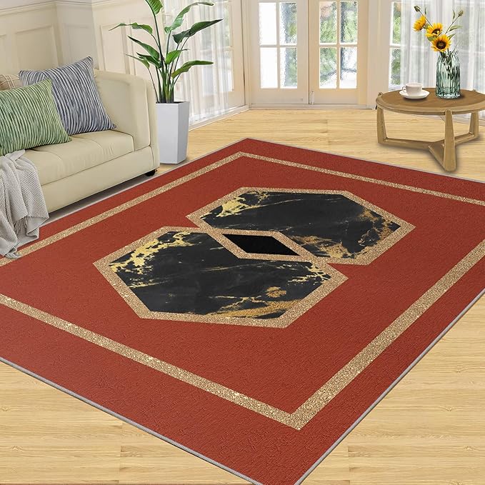 Abstract Marble Area Rugs Golden Hexagon Geometric Rug Vintage Red Marble Carpet European Medieval Geometry Carpet Mat for Bedroom Living Room 5x7ft