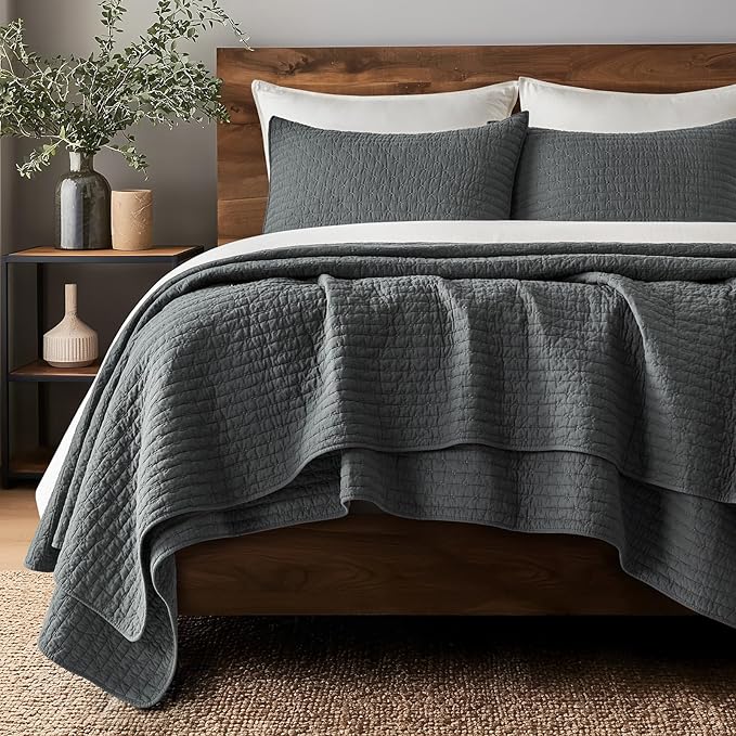 EVERGRACE Cross Stitch Pre-Washed Cotton Quilt Bedding Set Queen Size, Oversized 3 Pieces Lightweight Bedspread Coverlet for All Season, with 2 Matching Shams, Charcoal, 92"x96"