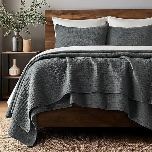 EVERGRACE Cross Stitch Pre-Washed Cotton Quilt Bedding Set Queen Size, Oversized 3 Pieces Lightweight Bedspread Coverlet for All Season, with 2 Matching Shams, Charcoal, 92"x96"