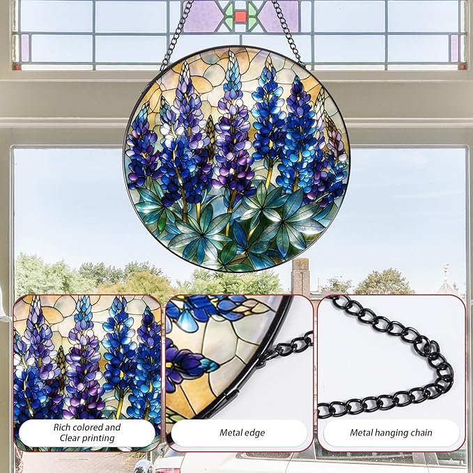 Rngmsi Stained Glass Window Hanging, 7.8″ Blue Flower Sun Catchers with Hook Indoor Window Decor, Decorative Suncatchers Hanging Ornaments Home Garden Art Gift for Housewarming