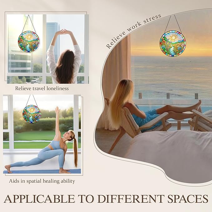 Stained Glass Window Hanging, Scenery Sun Catchers Stained Glass Panels for Indoor Windows Wall Art Decor, Birthday Gift for Mom Women Wife Men Lovers (7.87inch)
