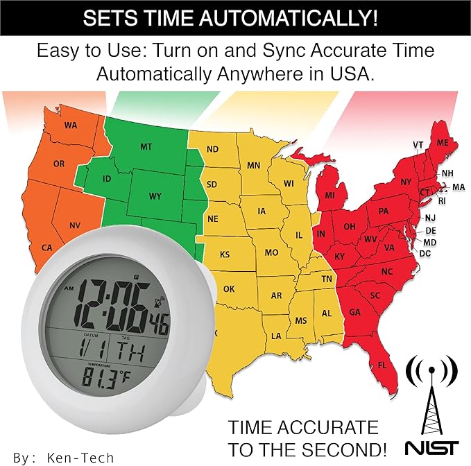 Sonnet Shower Clock for Bathroom and Kitchen - Large Digital Display Shows Time, Date, Day of The Week and Temperature. Large Suction Cups, Hanging Hole, and Kick Stand - Atomic Clock