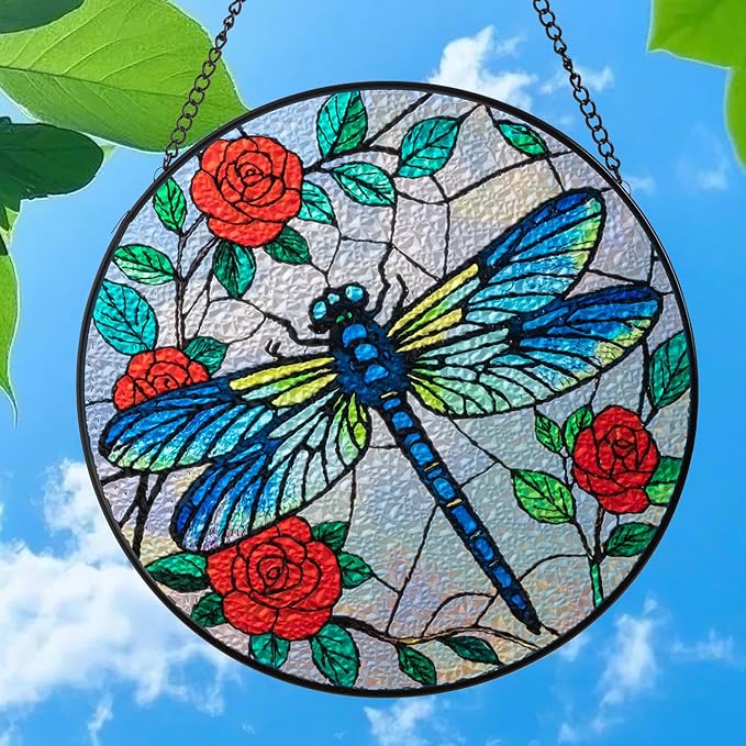 Sun Catcher Stained Glass Window Hanging 8 inch Dragonflies Suncatcher Wall Art Home Decor Sun Catchers Decoration for Garden Home Housewarming Gifts