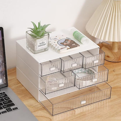 Desk Organizer Stackable Storage with 6 Drawers Stackable Drawers for Desk Storage, Makeup Storage Accessories, Desktop Accessories with Drawers, White