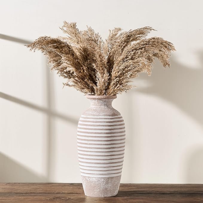 Ceramic Rustic Vase, 14.4 Inch Large Vintage Flower | Threaded Decorative Farmhouse Tall Vase for Home Decor, Living Room, Shelf Decor, Wedding Housewarming Gift, Khaki