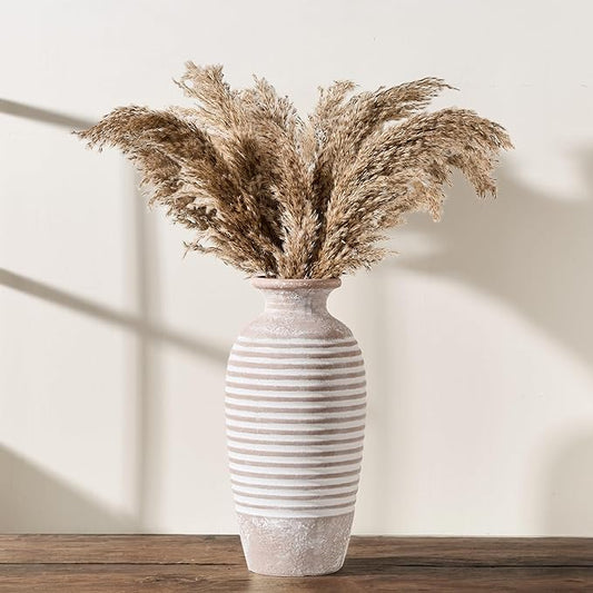 Ceramic Rustic Vase, 14.4 Inch Large Vintage Flower | Threaded Decorative Farmhouse Tall Vase for Home Decor, Living Room, Shelf Decor, Wedding Housewarming Gift, Khaki