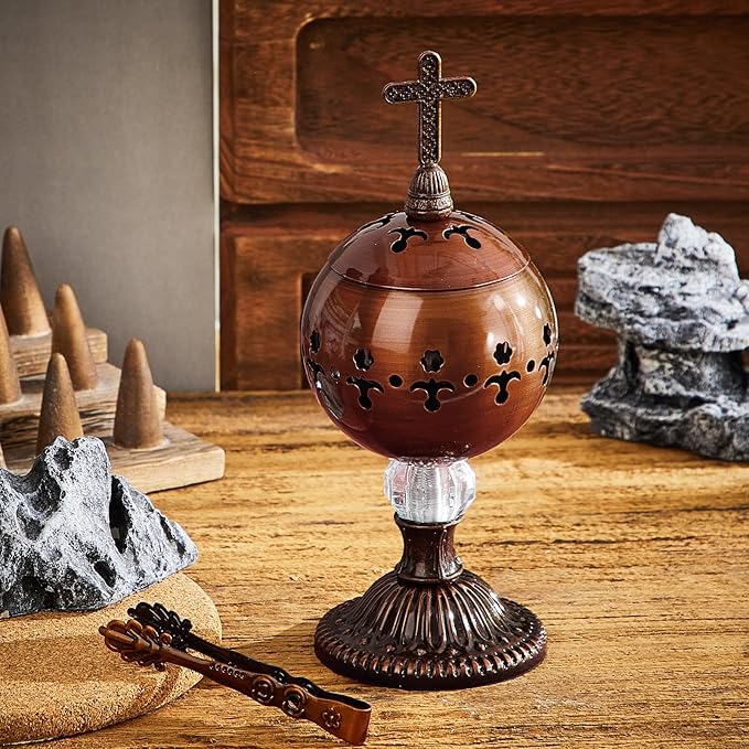 Zonon Catholic Incense Burner with Tong Charcoal Polished Metal Brass Censer Holder Christian Church Censer Burner Holder Cones Cross 7. 9 Aromatherapy Fragrance Ornament (Red Copper)