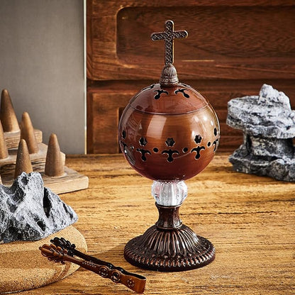 Zonon Catholic Incense Burner with Tong Charcoal Polished Metal Brass Censer Holder Christian Church Censer Burner Holder Cones Cross 7. 9 Aromatherapy Fragrance Ornament (Red Copper)