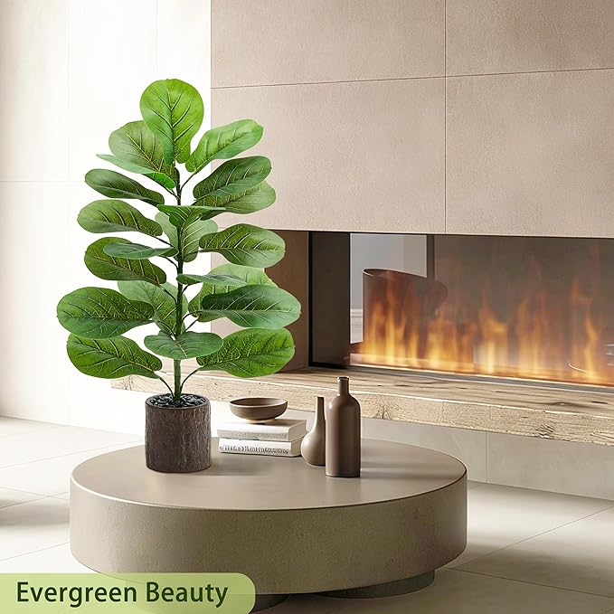 2 Pack Artificial Fiddle Leaf Fig Tree 30in, Large Realistic Faux Ficus Lyrata Plant with Pot Table Top Faux Plant for Indoor Outdoor Home, Office, Living Room, Bathroom Decor (Wood-grain pot, 30in-2)