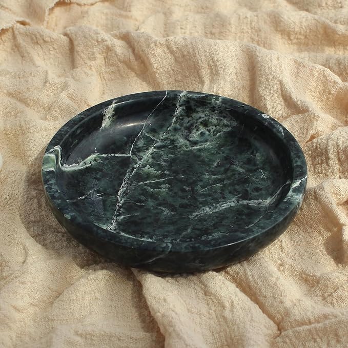 Natural Marble Travertine Ring Dish Jewelry Tray 5.5" for Women, Marble Trinket Dish for Key Earring Nightstand, Mother's Day Engagement Birthday Gift - Verde Guatemala