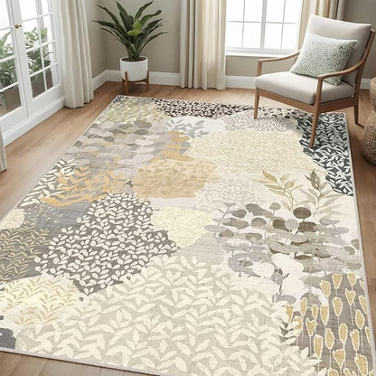 DEXDE Washable Area Rug 3x5 for Living Room, Abstract Small Boho Rugs Non Slip Soft Kids Room,Vintage Leaves Floral Carpet for Bedroom Entryway Kitchen Office Dining Room, Gray