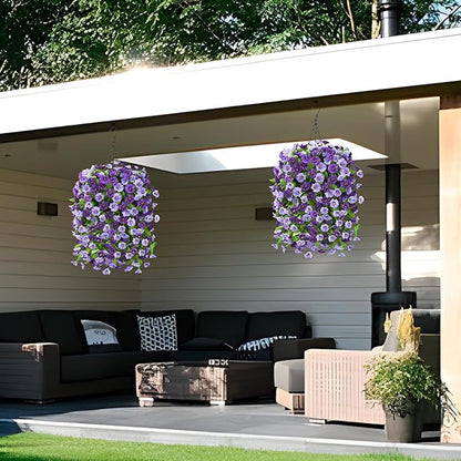 Homsunny Artificial Fake Hanging Flowers Plants Baskets for Outdoor Spring Summer Decorations,Faux Morning Glory Silk Flower for Outside UV Resistant Patio Yard Home Porch Decor(Purple)