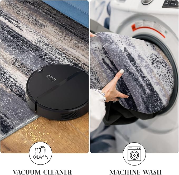 Modern Abstract Runner Rug 2.6x12, Grey Black Multi Washable Long Kitchen Runner Non-Slip Soft Hallway Rug Runner Thin Print Faux Wool Carpet for Entryway Bedroom Laundry Room Indoor Home Decor