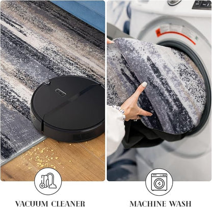 Modern Abstract Runner Rug 2.6x18, Grey Black Multi Washable Long Kitchen Runner Non-Slip Soft Hallway Rug Runner Thin Print Faux Wool Carpet for Entryway Bedroom Laundry Room Indoor Home Decor