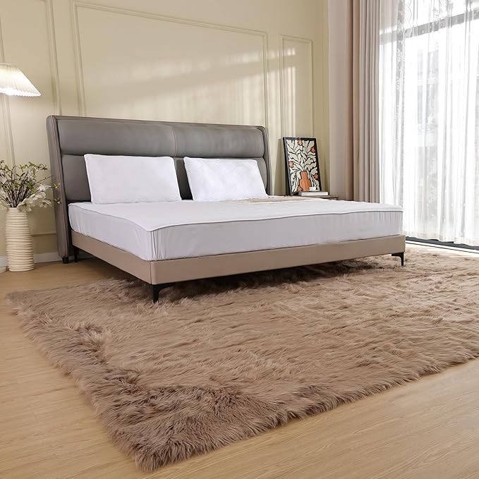 Fluffy Beige 8X10 Area Rug Faux Sheepskin Shaggy Fur Rug Washable for Living Room Bedroom Nursery Teen Room Home Décor