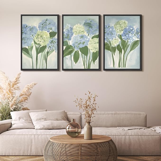 MUDECOR Framed Wall Art Print Set Blue Hydrangea Floral Botanical with Green Leaves Illustrations Modern Art Boho Decorative Colorful Chic for Living Room, Bedroom, Office - 24"x36"x3 Black