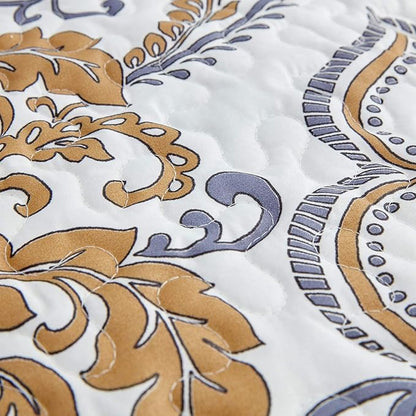 CHIXIN California King Bedspread - Oversized Luxury Collection - European Damask Paisley Pattern - Classic & Gorgeous Bedding Cover, Lightweight, Ultra Soft, 5 Piece, 100% Microfiber, White/Khaki/Grey