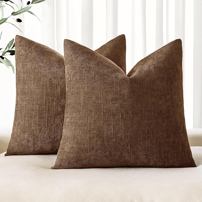 MIULEE Pack of 2 Decorative Throw Pillow Covers Soft Chenille Throw Pillows Solid Neutral Farmhouse Textured Cushion Covers for Couch Sofa Bedroom Living Room 18x18 Inch,Honey Brown