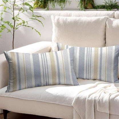 Blue Yellow Lumbar Pillow Covers 12x20 Set of 2 Geometric Striped Print Partten Decorative Outdoor Boho Pillowcases with Zipper Rustic Decoration Farmhouse Sofa Couch Throw Cushion Cover Bed Decor