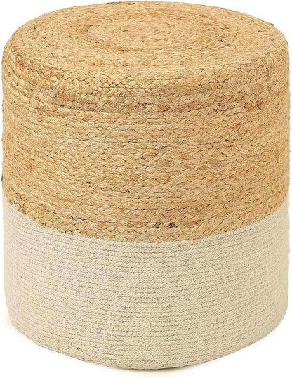 REDEARTH · Cylindrical Pouf Foot Stool Ottoman - Jute Braided Accent Sitting Footrest for The Living Room, Bedroom, Nursery, Patio, Lounge & Other Rooms in The Home (14.5”X14.5”X16”; Natural Ivory)