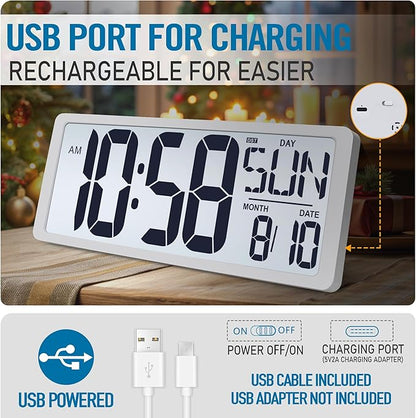4.6" Numbers Display Built-in Rechargeable Power 15" Atomic White Wall Clock -Night Display-Never Needs Setting!-Easy to Read Numbers-Never Need Replace Battery