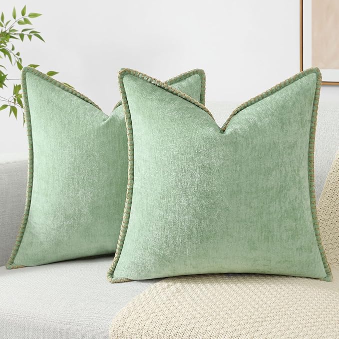 decorUhome Spring Chenille Soft Throw Pillow Covers 18x18 Set of 2, Farmhouse Velvet Neutral Decorative Pillow Covers with Stitched Edge for Couch Sofa Bed Home Decor, Sage Green