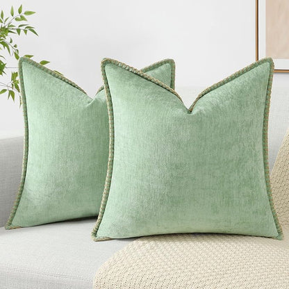 decorUhome Spring Chenille Soft Throw Pillow Covers 24x24 Set of 2, Farmhouse Velvet Neutral Decorative Euro Sham Pillow Covers with Stitched Edge for Couch Sofa Bed Home Decor, Sage Green