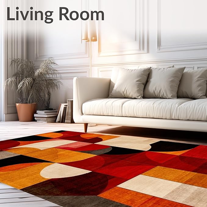 Flatwoven High Traffic Area Rug 6x9, Ember Abstract Geometric Shape Throw Indoor Floor, Non Slip, Stain Resistant, Washable Area Rugs for Living Room, Bedroom (Orange, 6x9)