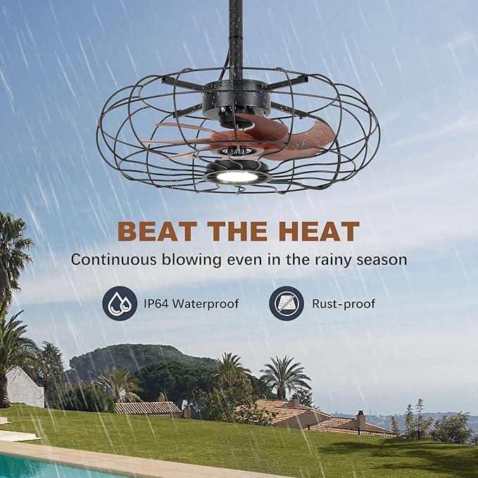 20" Outdoor Ceiling Fan with Light, With Remote and App Remote, IP65 Waterproof Gazebo Hanging Fan, 3CCT Dimmable, Portable Plug in Ceiling Fan with Cord Hook for Patio Porch Pergola Indoor(Black)