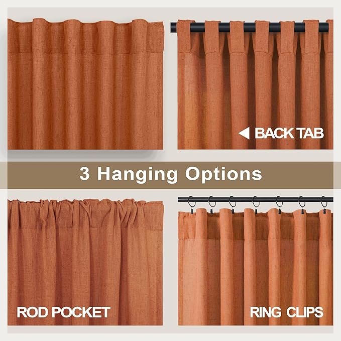 Burnt Orange Curtains 90 Inches Long for Living Room 2 Panels Set Back Tab Rod Pocket Linen Semi Sheer Copper Brown Rust Colored Curtain for Bedroom Dining Office Western Southwest Decor 52x90 Length