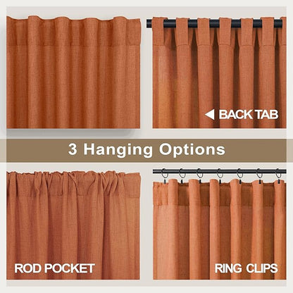 Burnt Orange Curtains 90 Inches Long for Living Room 2 Panels Set Back Tab Rod Pocket Linen Semi Sheer Copper Brown Rust Colored Curtain for Bedroom Dining Office Western Southwest Decor 52x90 Length