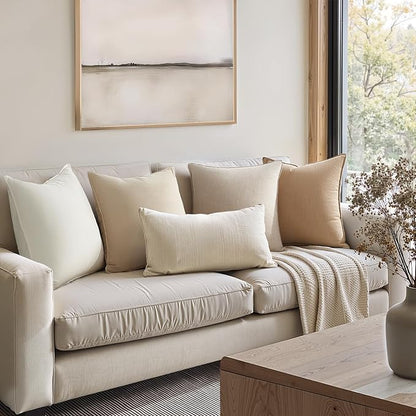 Neutral Pack of 4 Solid Linen Pillow Covers Decorative Modern Press Edge Design Throw Pillow Covers Soft Accent Boho Couch Pillowcases Farmhouse for Living Room Bed Sofa 16x16 Inch