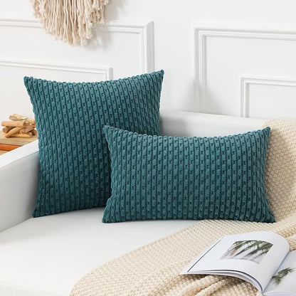 Kevin Textile Euro Sham Pillow Covers 28x28 Inch 2 Packs Soft Boho Striped Corduroy Decorative Throw Pillows for Living Room Couch Bed Sofa Rustic Farmhouse Home Decor 71x71cm Teal Blue