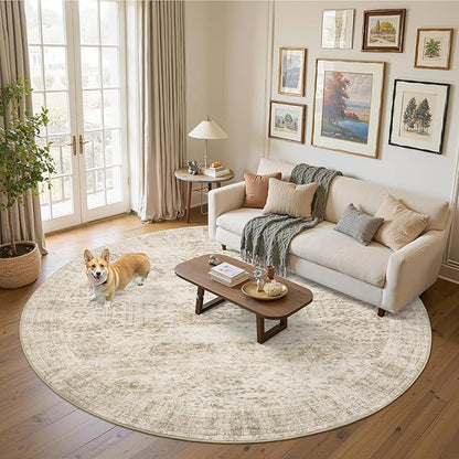 9x9 Beige Round Rug 9ft Living Room Circle Rug Vintage Round Area Rug Non Slip Indoor Carpet for Apartment