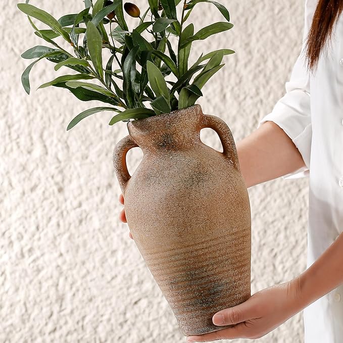 Ceramic Rustic Flower Vase, 10.83 Inch Pottery Modern Vase for Shelf, Tabletop, Vintage Farmhouse Home Decor for Coffee Table, Living Room, Mantle, Fireplace, Entryway