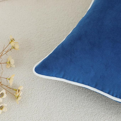 LIGICKY Set of 2 Navy Blue Velvet Throw Pillow Covers Modern Minimalist Style Solid Decorative White Rope Edging Soft Square Cushion Cases for Sofa Bedroom Party Décor, 18 x 18 inch