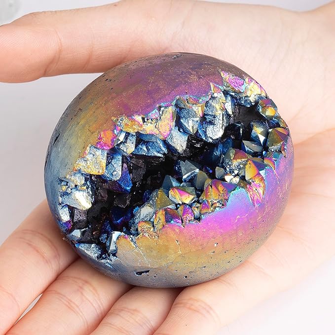 Sportmusies Titanium Coated Rock Crystal Geode Ball with Wooden Stand, Druzy Quartz Stone Cluster Sphere Reiki Home Office Decoration, Multi