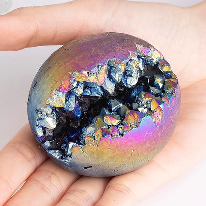 Sportmusies Titanium Coated Rock Crystal Geode Ball with Wooden Stand, Druzy Quartz Stone Cluster Sphere Reiki Home Office Decoration, Multi