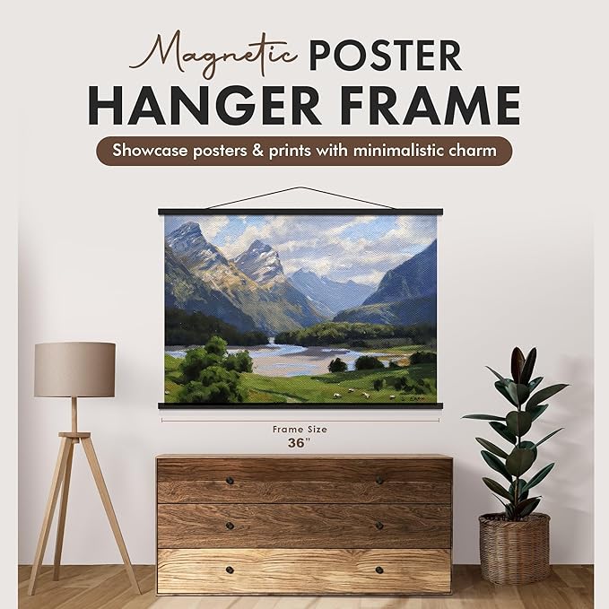 Travelization Magnetic Poster Hanger 36” Poster Frame with Strong Magnets, Complete Hanging Kit for Art, Maps, Pictures, and More, Fits 36x24, 36x40, 36x40, and 36x48, Black