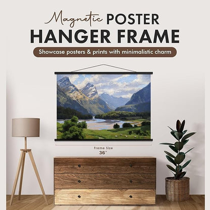 Travelization Magnetic Poster Hanger 36” Poster Frame with Strong Magnets, Complete Hanging Kit for Art, Maps, Pictures, and More, Fits 36x24, 36x40, 36x40, and 36x48, Black
