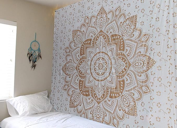 raajsee Metallic Gold Tapestry Mandala Wall Hangings, Indian Cotton Beach Throw Blanket, Hippie Tapestries Boho Decor,Twin Bedspread Yoga Meditation Mat Rugs 52 x 60 Inches