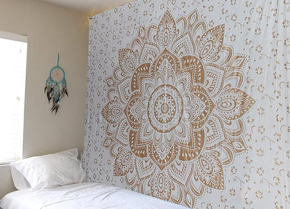 raajsee Metallic Gold Tapestry Mandala Wall Hangings, Indian Cotton Beach Throw Blanket, Hippie Tapestries Boho Decor,Twin Bedspread Yoga Meditation Mat Rugs 52 x 60 Inches