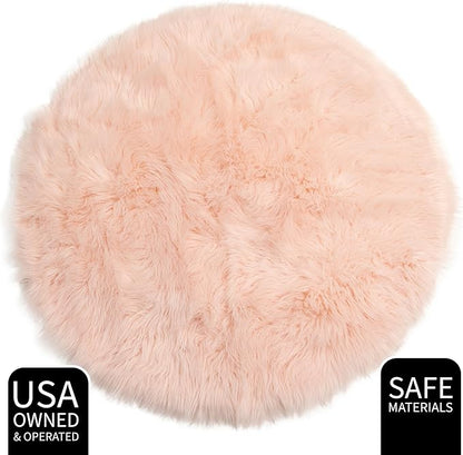 Super Area Rugs Ultra Soft & Fluffy Faux Sheepskin Rug, Light Pink 5 X 5 Round Carpet for Bedroom Living Room