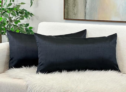 Aiking Home 12x24 Inches Faux Silk Rectangular Throw Pillow Cover, Zipper Closure, Black (Set of 2)