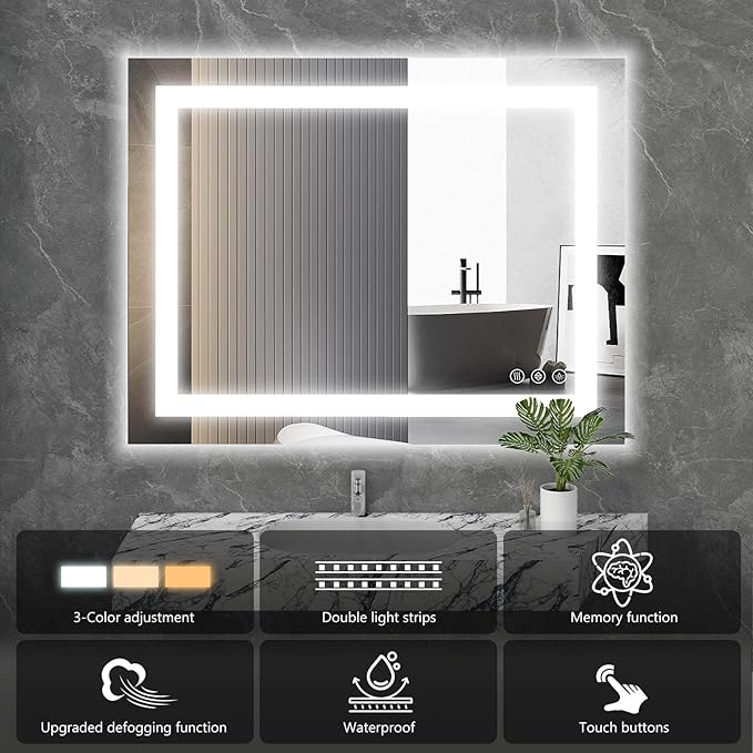 Sweetcrispy 24.1"x36.1" Smart Anti-Fog LED Bathroom Mirror with Front Light & Backlit, 3 Color Temperatures, Dimmable, Memory Function, Rectangle Modern Vanity Mirror