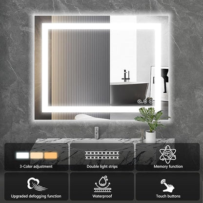 Sweetcrispy 24.1"x36.1" Smart Anti-Fog LED Bathroom Mirror with Front Light & Backlit, 3 Color Temperatures, Dimmable, Memory Function, Rectangle Modern Vanity Mirror