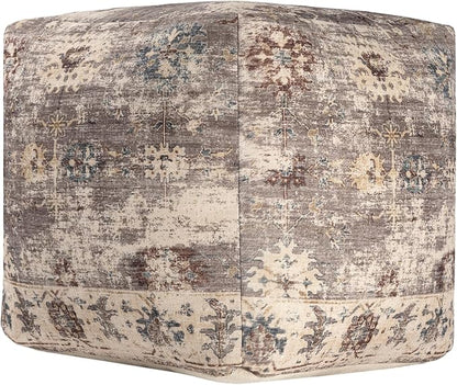 L. R. Resources, Inc. LR Home Vintage Floral Square Indoor Medium Pouf Ottoman, Taupe | Power-Loomed Polyester Foot Rest for Bedroom & Living Room Decor | 18 x 18 x 18 Filled Pouf for Seating