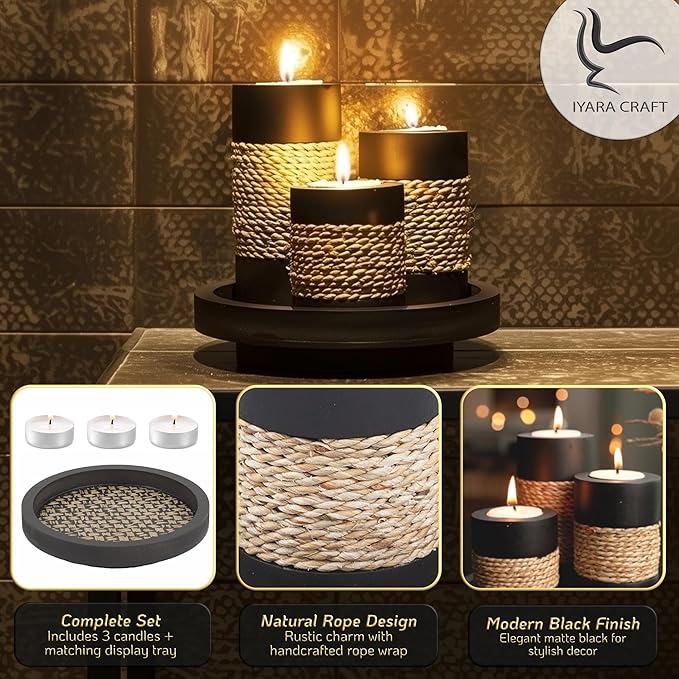 IYARA CRAFT Tealight Candle Holders with Tray – Set of 3 Rustic Black Wooden Candle Holders with Natural Rope Accent, Cozy Home Décor Centerpiece for Living Room, Christmas & Housewarming Gifts