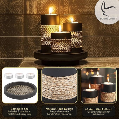 IYARA CRAFT Tealight Candle Holders with Tray – Set of 3 Rustic Black Wooden Candle Holders with Natural Rope Accent, Cozy Home Décor Centerpiece for Living Room, Christmas & Housewarming Gifts
